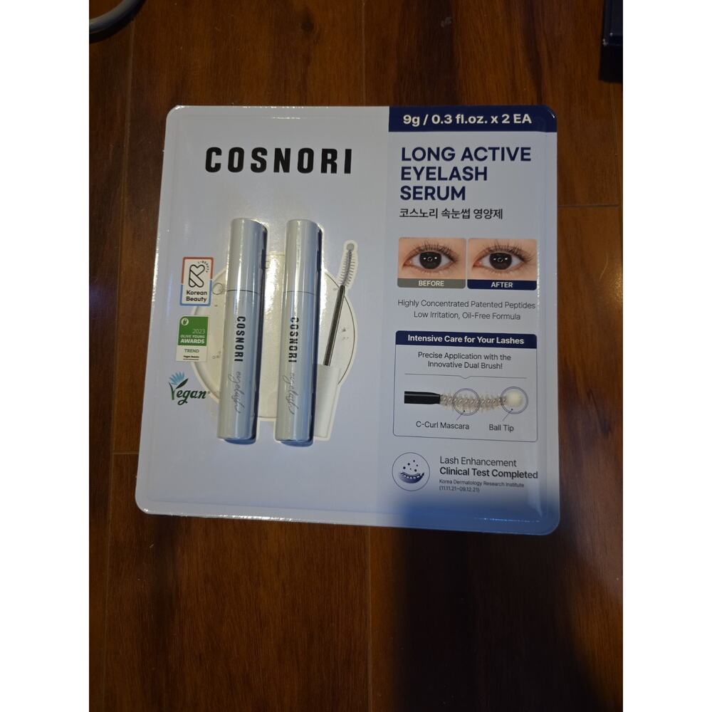 COSNORI Long Active Eyelash Serum, 9g x2, Vegan, Korean Lash Growth, Dual Brush